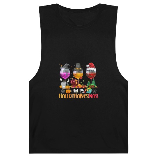Wine Glasses Witch Santa hat Happy Hallothanksmas Barnard Tanks