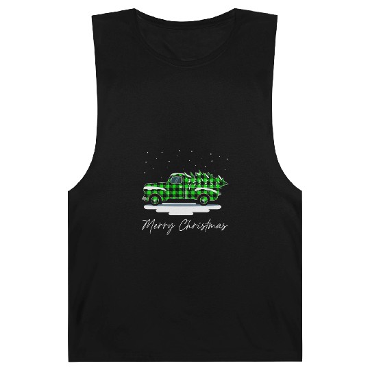 Truck Merry Christmas Buffalo Plaid Green Xmas Barnard Tanks