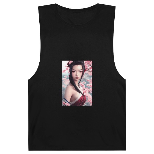 japanese geisha woman Japan wallart sakura pink Barnard Tanks
