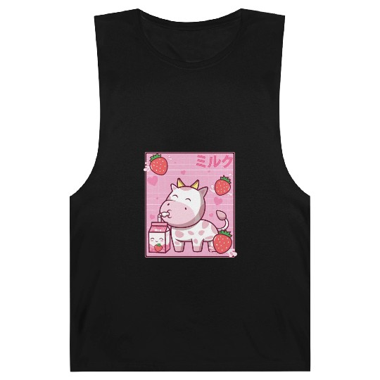 Kawaii Pink Strawberry Cow Milk Shake Otaku Anime Barnard Tanks