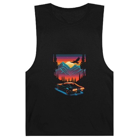 1980s Muscle Car and Retro Neon Mountain Sunset Barnard Tanks