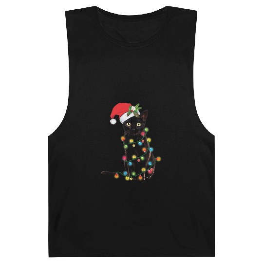 Black Santa Cat Tangled Up In Lights Christmas Barnard Tanks