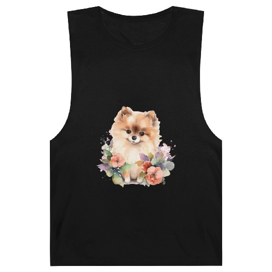 Pomeranian Dog Watercolor Floral Barnard Tanks
