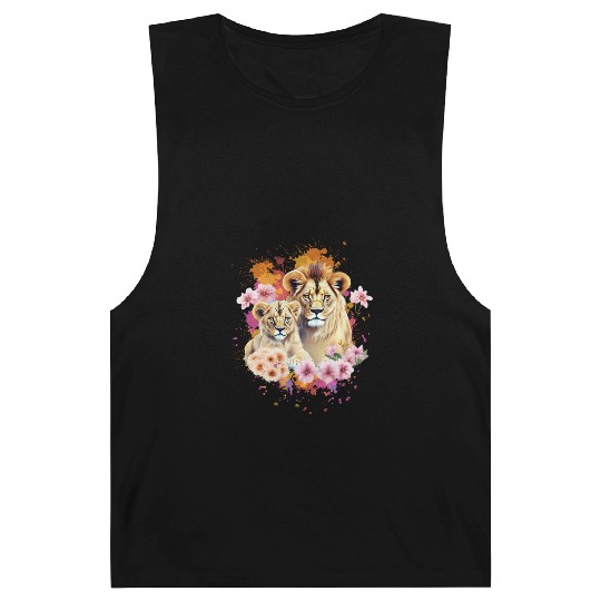 Lion Mom & Son Cubs with Flower Watercolor Barnard Tanks