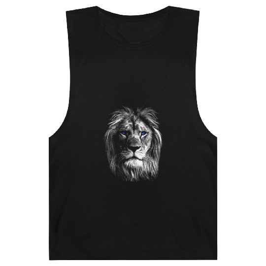 Black White Art Lion Head With Blue Eyes Barnard Tanks