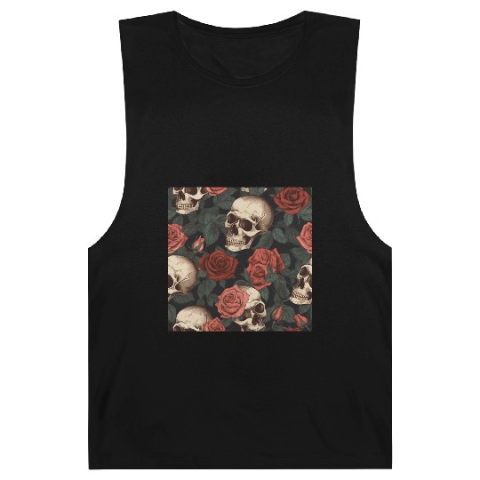 Dark Elegant Gothic Skulls & Red Roses Pattern Barnard Tanks