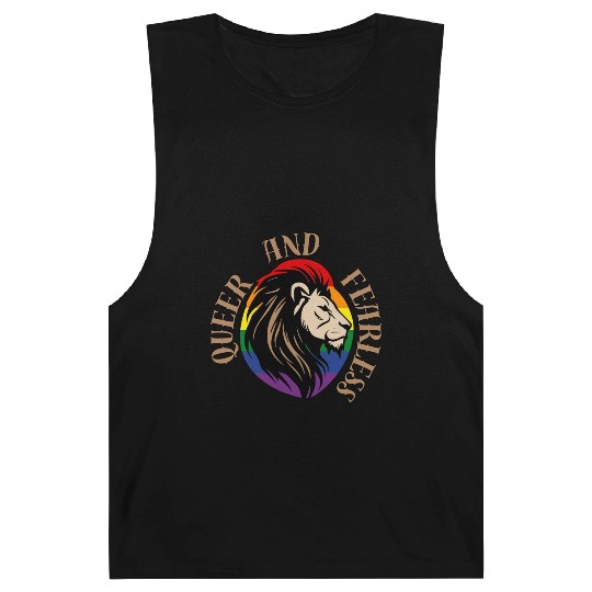 LGBTQ Queer and Fearless, Lion with Rainbow Flag Barnard Tanks