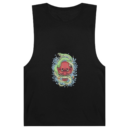 Japanese oni mask with peony flower and greem snak Barnard Tanks