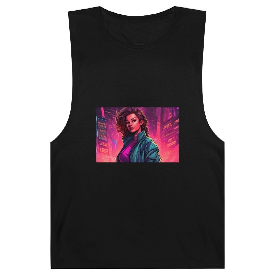 Girl in front of a Neon Pink Cityscape Barnard Tanks