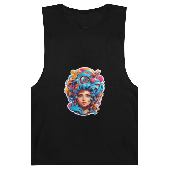 Psychedelic girl with multi color hair. futuristic Barnard Tanks