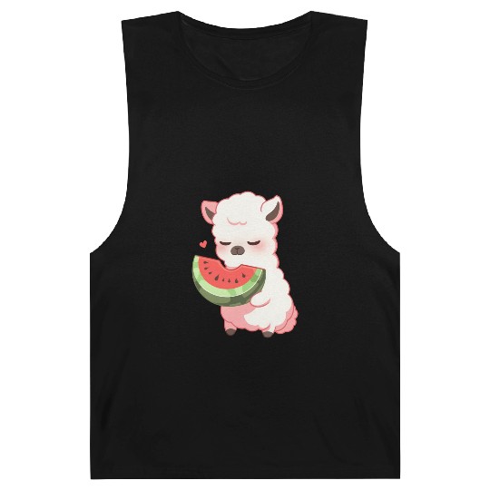 Adorable Kawaii Llama Savoring Sweet Watermelon Barnard Tanks