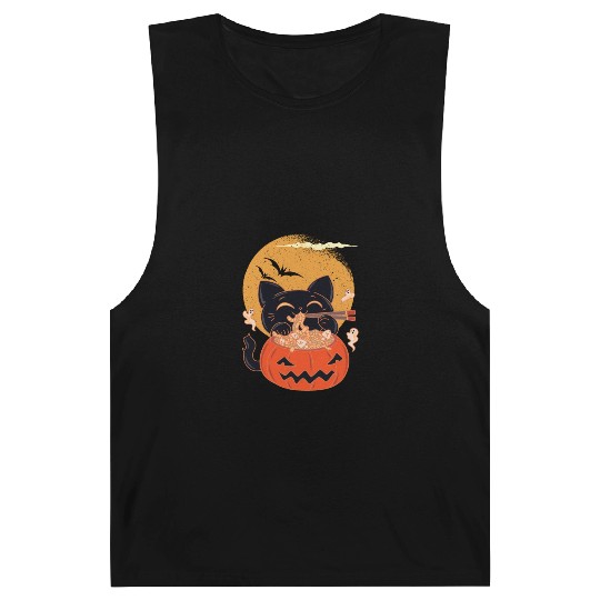 Kawaii Creepy Cat Eating Ramen Noodles Halloween Barnard Tanks