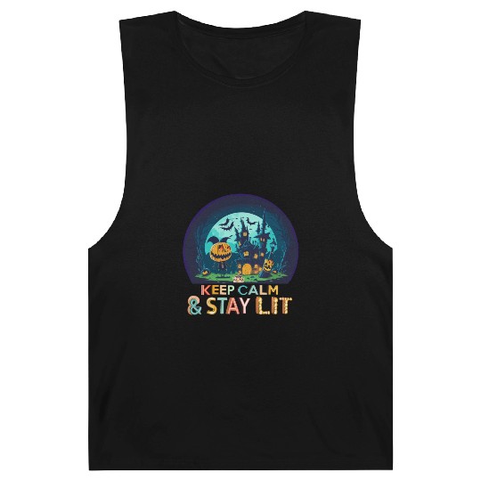 Keep Calm & Stay Lit Funny Cute Halloween Pumpkin Barnard Tanks