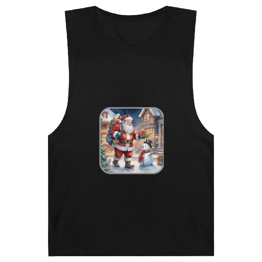Santa Claus and a snowman distributes gifts. Barnard Tanks