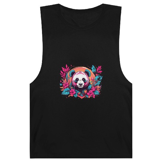 Retro panda with neon nature floral vintage sunset Barnard Tanks