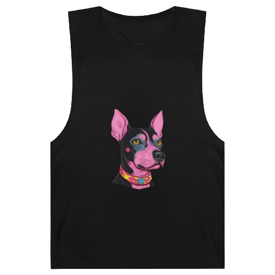 black and pink dog with yellow eyes Punk Rock Barnard Tanks