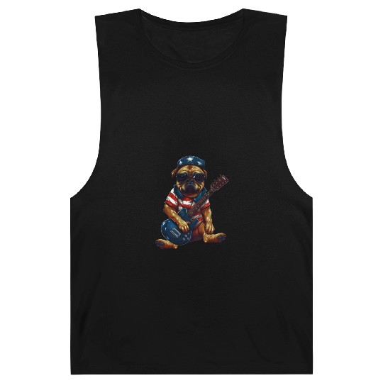 Rocking Pug Guitarist with US Flag – Animal Music Barnard Tanks
