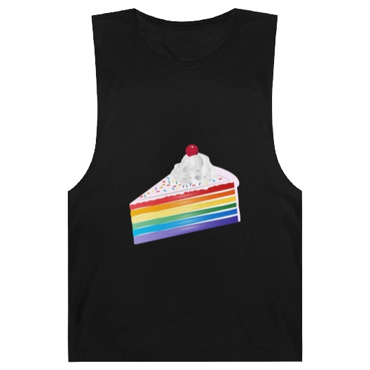 Piece of rainbow cake with cream and cherry Barnard Tanks
