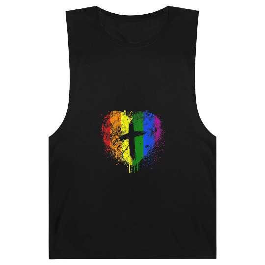 Rainbow Heart with Cross Gay Pride LGBT Christian Barnard Tanks