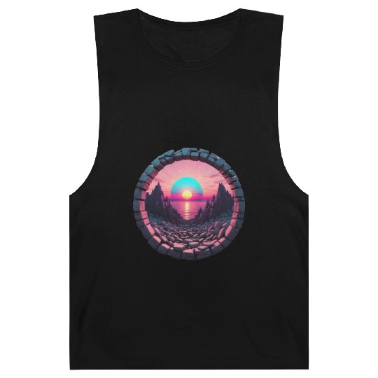 Synthwave Rocky landscape with Setting Sun Barnard Tanks