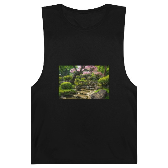 Serene Japanese Garden with Waterfall and Blossoms Barnard Tanks