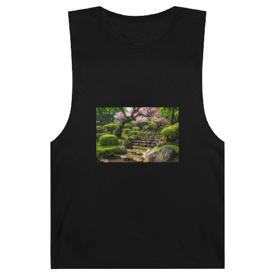 Serene Japanese Garden with Waterfall and Blossoms Barnard Tanks
