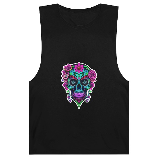 A vibrant and abstract sugar skull Calavera Barnard Tanks