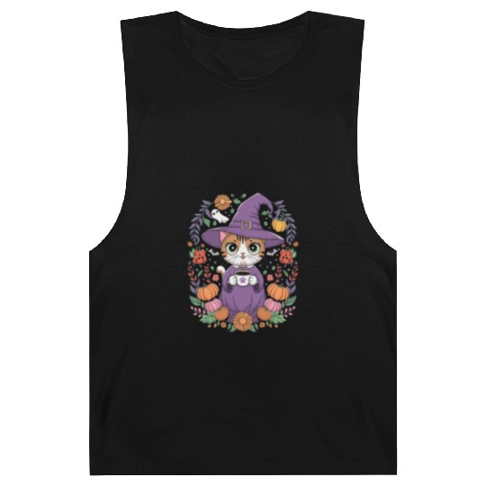 Halloween Cute Witch Cat with Coffee Mug Barnard Tanks
