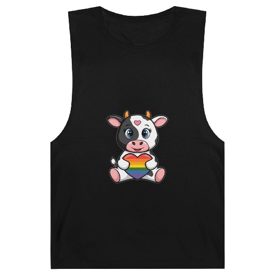 LGTBQ Cow Holding Rainbow Heart Barnard Tanks