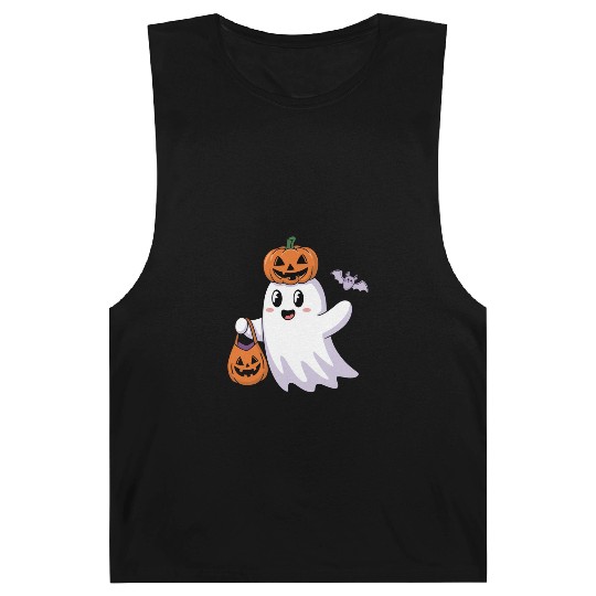 Cute Halloween Ghost with Pumpkin and Bat Barnard Tanks