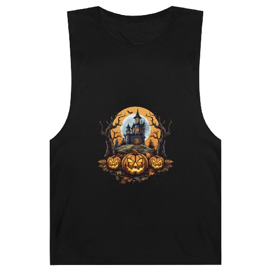 Spooky Haunted House Halloween Witches Pumpkin Barnard Tanks