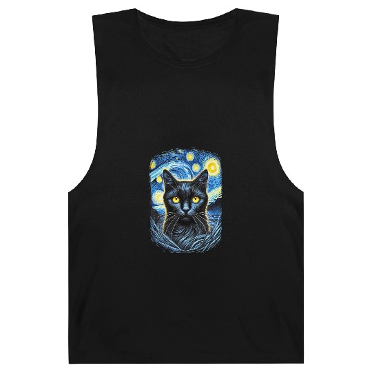 Funny Starry Night Black Cat Van Gogh Art Cat Barnard Tanks