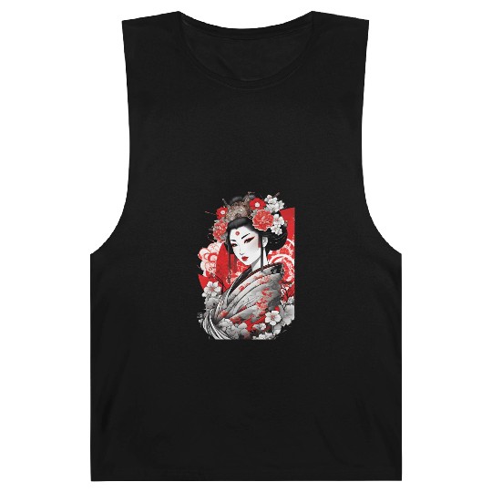 Elegant Geisha with Floral Kimono Barnard Tanks
