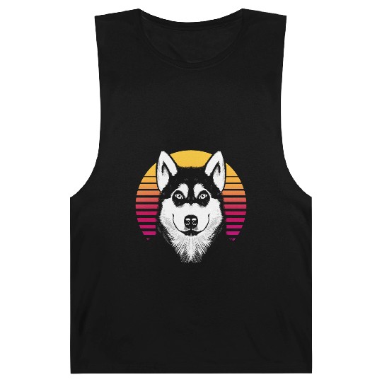 Retro Sunset Siberian Husky Dog Lover Dog Face Barnard Tanks