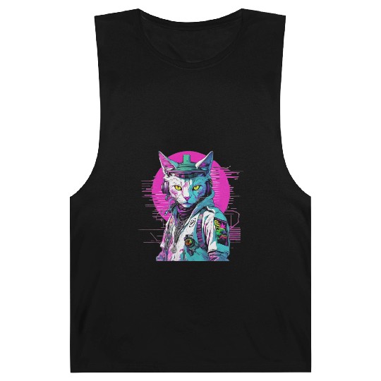 Neon Cyberpunk Warrior Cat Barnard Tanks