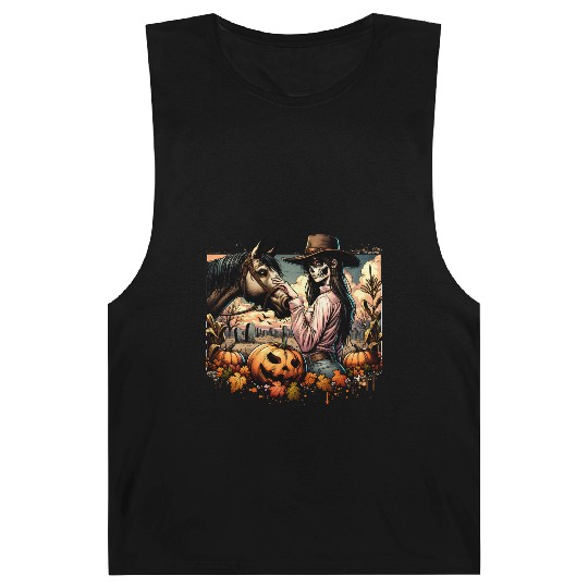 Haunting Cowgirl and Horse in Halloween Graveyard Barnard Tanks