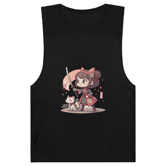 Adorable Anime Samurai Girl: Cat & Katana Design Barnard Tanks