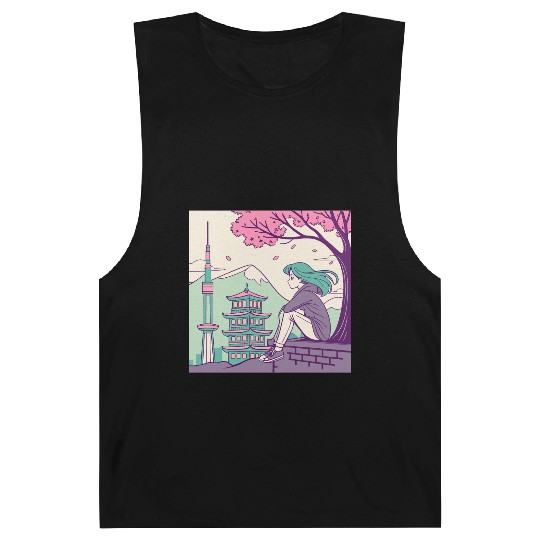 "Peaceful Anime Vibes: Girl Relaxing with Sakura Barnard Tanks