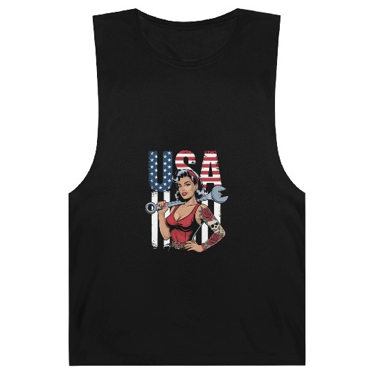 Patriotic Retro Mechanic Woman USA Flag Art Barnard Tanks