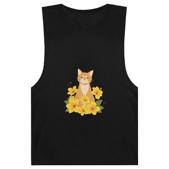 Orange Cat Surrounded by Yellow Hibiscus Flowers Barnard Tanks