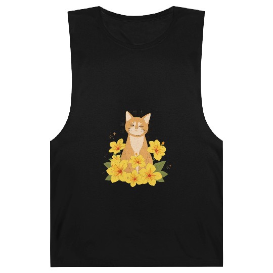 Orange Cat Surrounded by Yellow Hibiscus Flowers Barnard Tanks