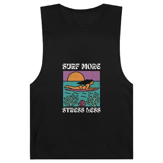 Surf More Stress Less | Tropical Sunset Surf Girl Barnard Tanks