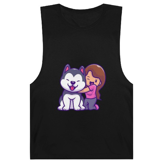 Cute Girl Hugging Playful Husky Design Barnard Tanks
