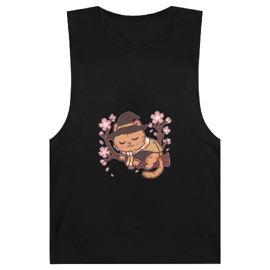 Whimsical Witch Cat in Cherry Blossom Tree Barnard Tanks