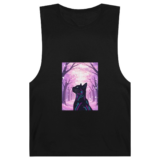 Midnight Cyber Cat | Pink Cherry Blossom Forest Barnard Tanks