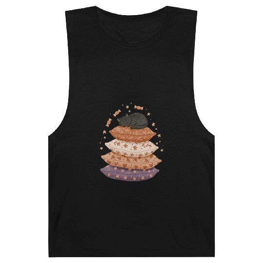 Whimsical Sleepy Cat on Patterned Pillows Barnard Tanks