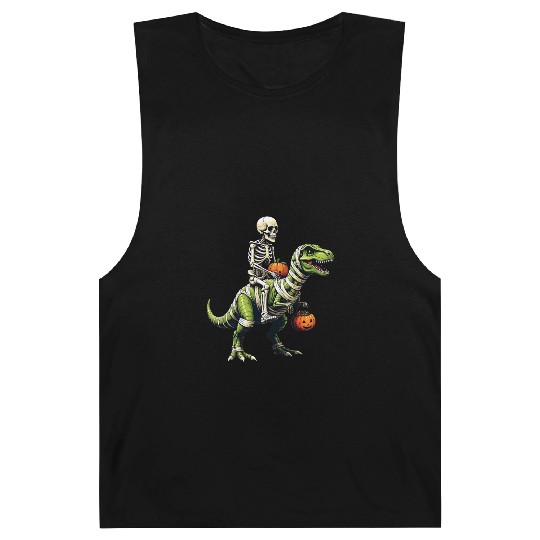 Skeleton Riding Mummy Dinosaur Funny Halloween Barnard Tanks