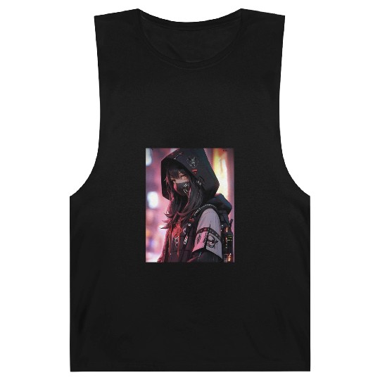 Cyberpunk Hooded Girl with Neon Accents Barnard Tanks