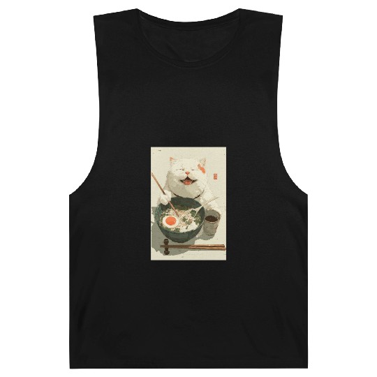 Happy White Cat Eating Ramen Barnard Tanks