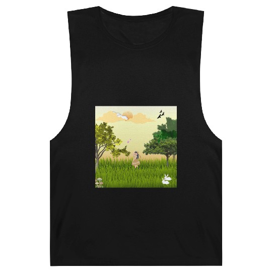 Serene Forest Girl with Bunny and Birds Barnard Tanks